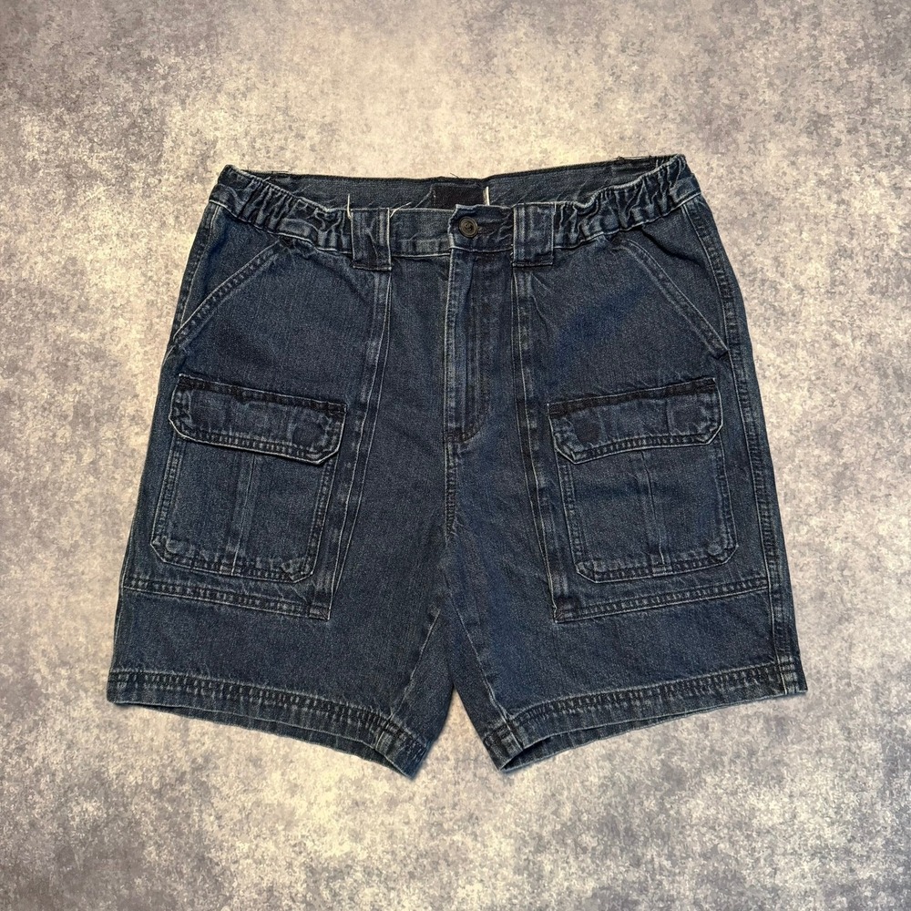 Vintage Mens Blue Denim Front Cargo Jean Shorts Elastic Waist 32 Utility